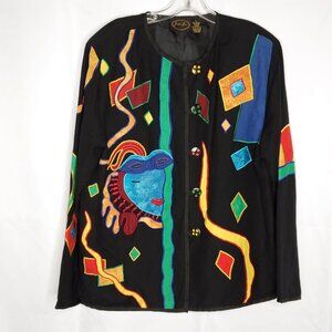 Julia Kim Colorful Artsy Jacket L Mardi Gras Face Geometric Shapes Embroidered